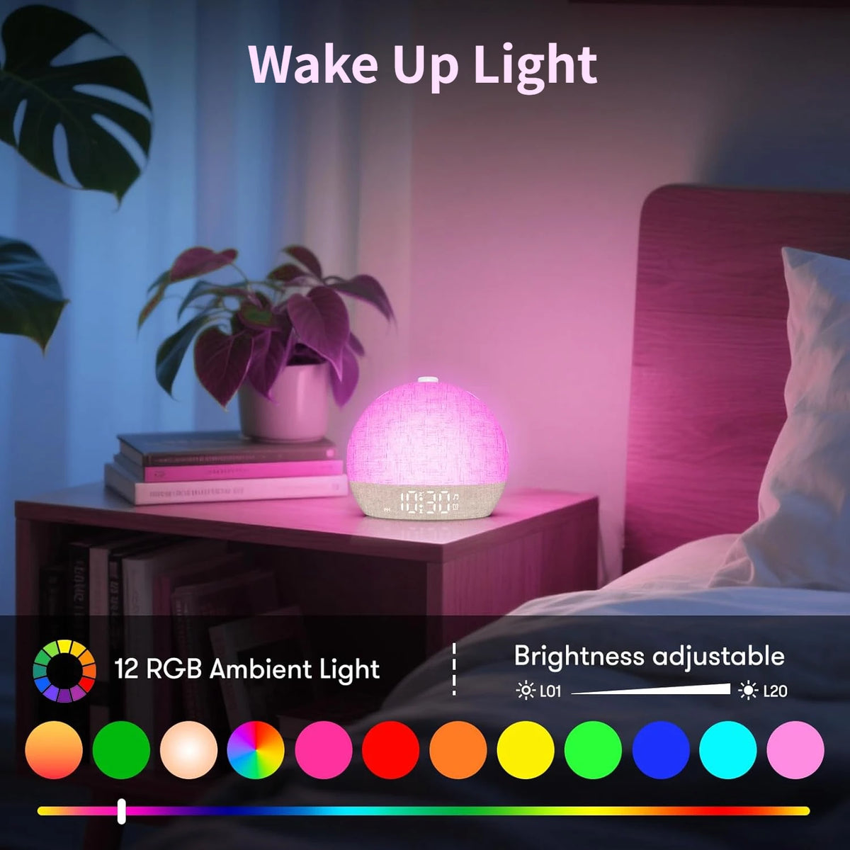 Réveil lumineux simulateur d'aube - Veilleuse RGB et sons apaisants